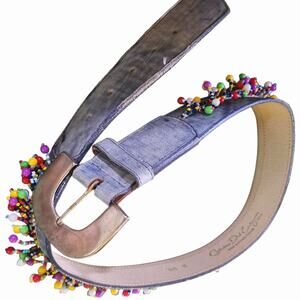 Vintage Catherine Dial Easley Blue Beaded Belt Adult M Faux Leather Plastic Y2K